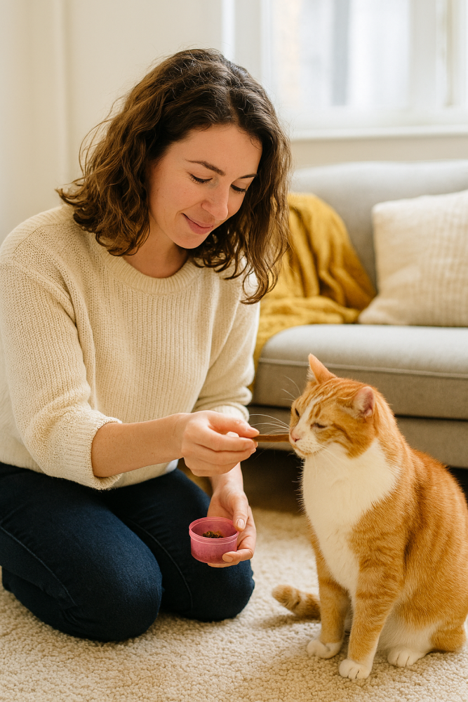 Rewarding cat with treats